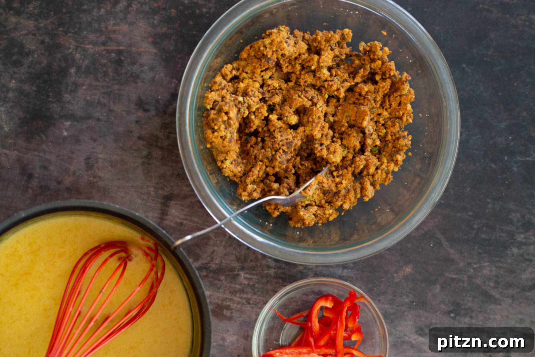 vegan nacho cheese, taco meat and bell pepper in separate bowls ready for making vegan quesadilla recipe