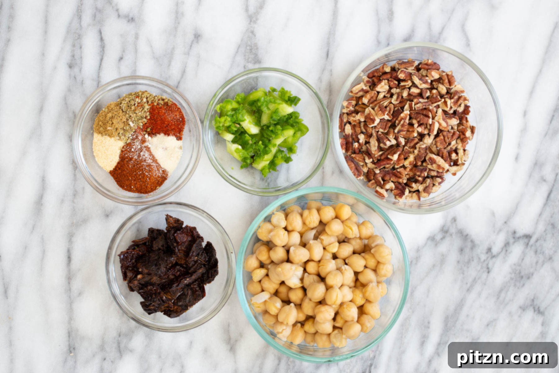 overhead shot of ingredients needed for making vegan walnut taco meat