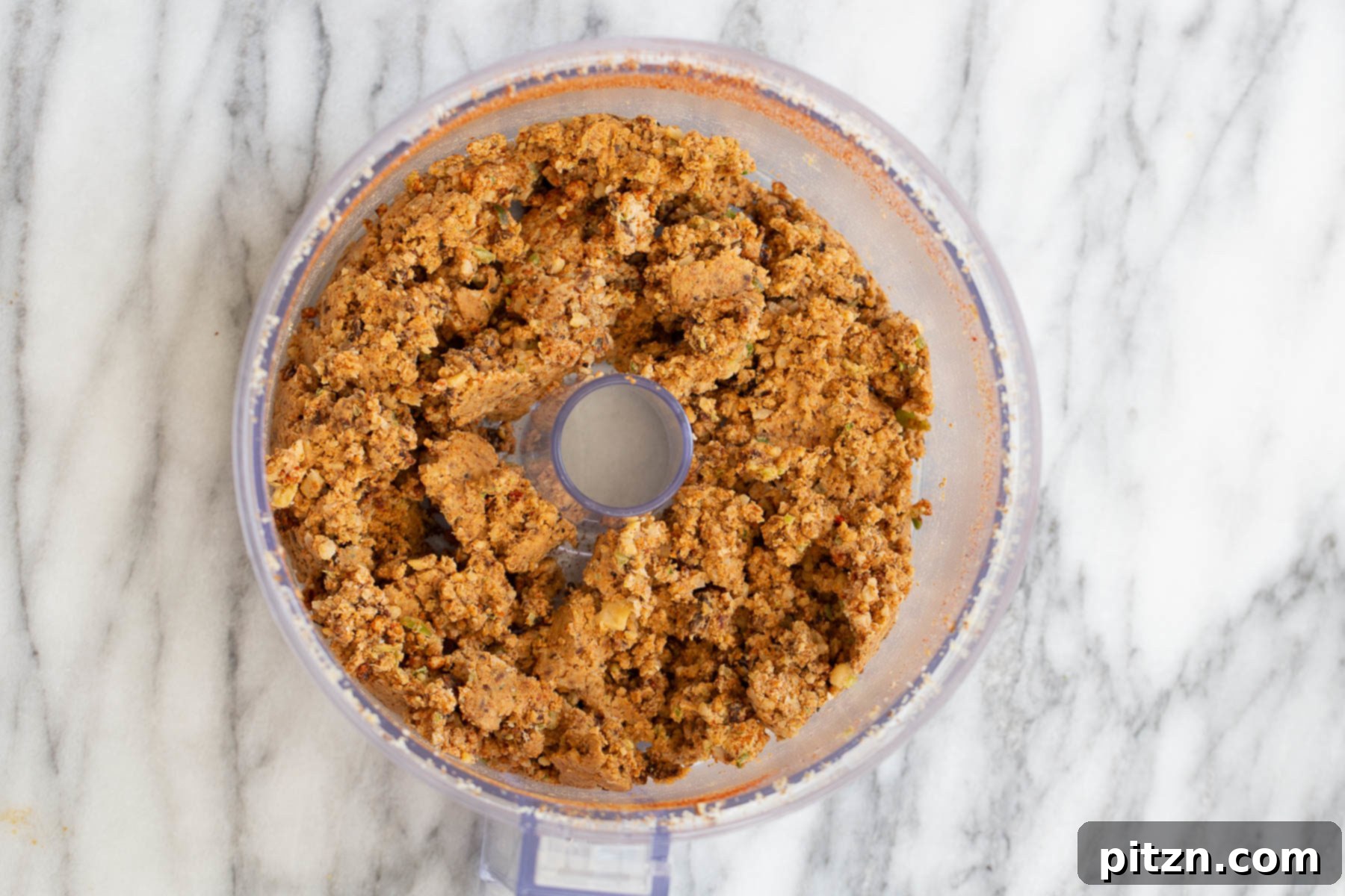 walnut chickpea taco meat in food processor container ready for vegan quesadilla recipe