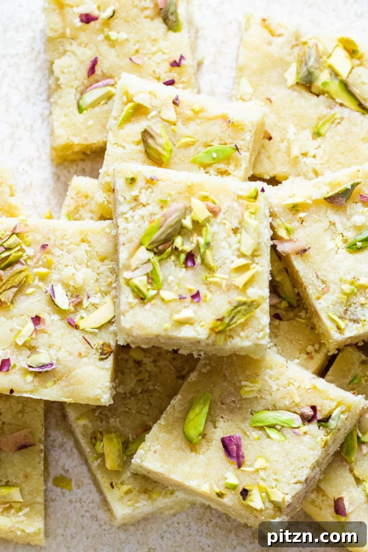 Almond Burfi with Nut Topping Close-up shot of vegan almond burfi pieces, artfully arranged and generously topped with a sprinkle of chopped nuts, highlighting their appealing texture and festive garnishes.