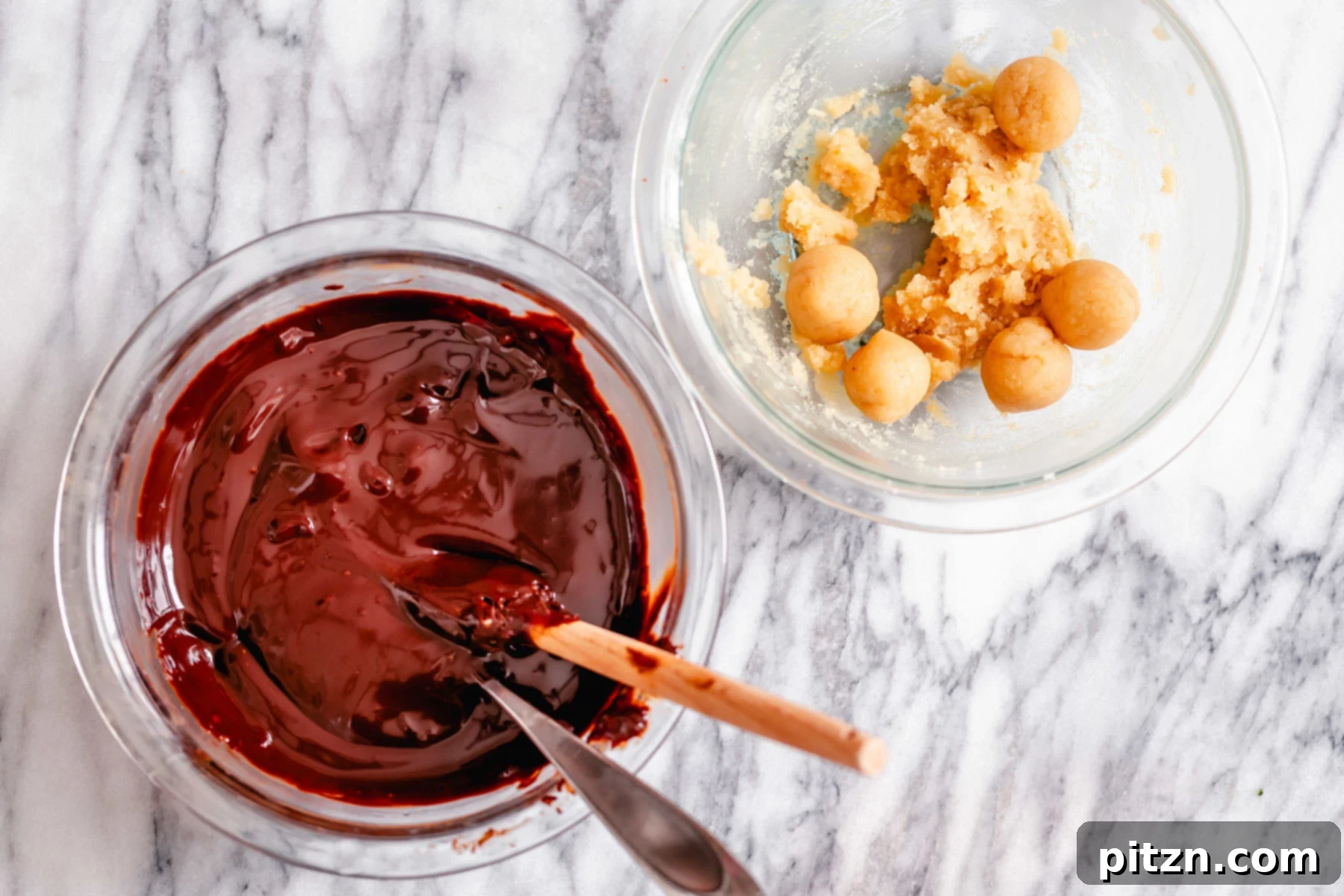 tiramisu truffles a bowl of melted chocolate glaze and a bowl with vegan almond truffle mixture