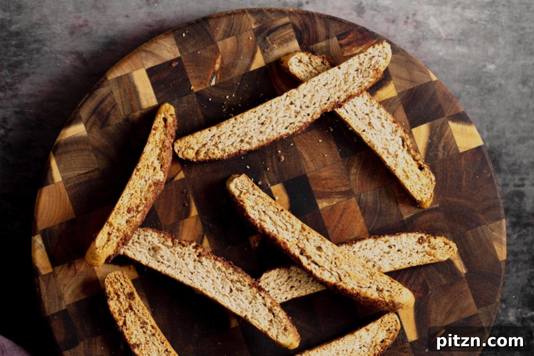 A rustic wooden plate holds a generous pile of finished vegan churro biscotti, perfectly golden and ready to enjoy.