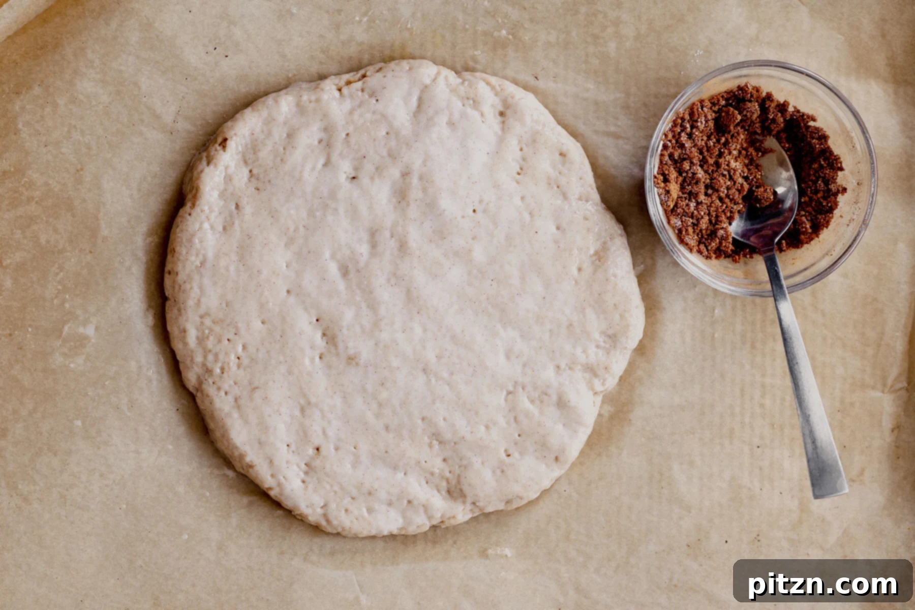 A perfectly shaped loaf of vegan biscotti dough sits on parchment paper on a baking sheet, with a small bowl of cinnamon sugar beside it, ready for baking.