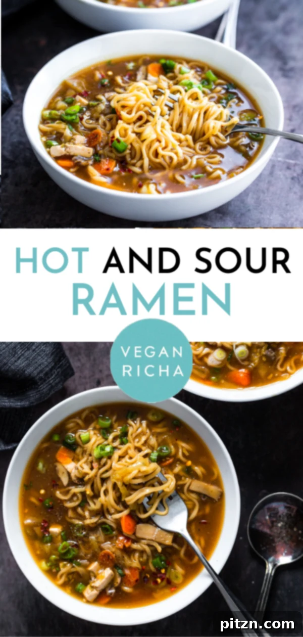 Vegan Hot and Sour Ramen Bowl 15 Graphic of Vegan Hot and Sour Soup with Ramen, ideal for Pinterest, showcasing key ingredients and final dish.