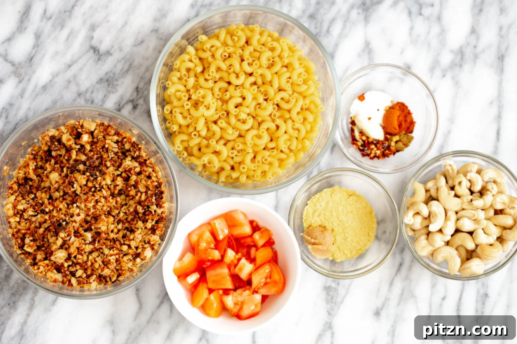 overhead shot of ingredients needed for making vegan mac and cheese taco bake