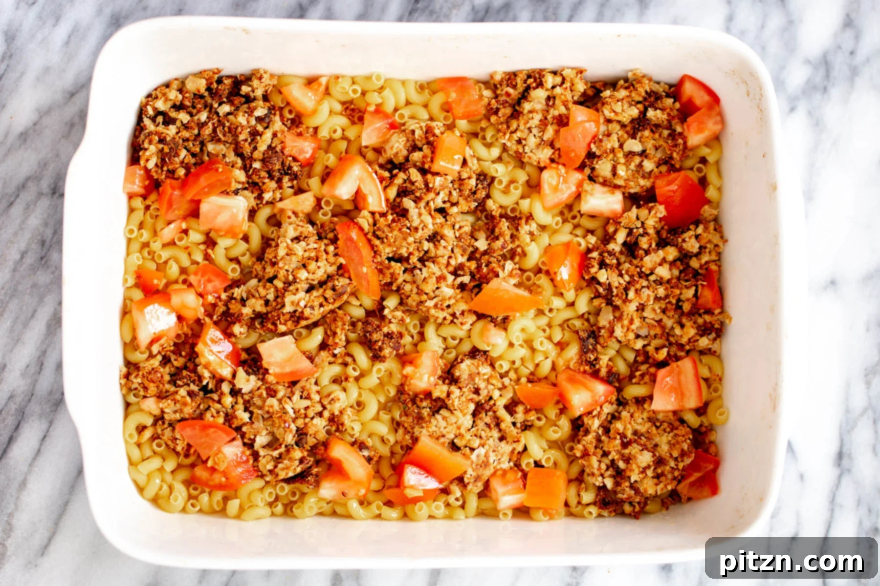 mac and cheese taco bake with vegan walnut taco meat