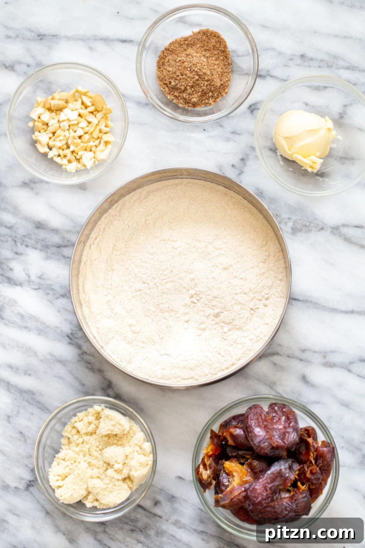 Vegan Whole Wheat Date Ladoo Bites 3 A vibrant flat lay showcasing all the fresh and wholesome ingredients needed for the vegan ladoo recipe, neatly arranged.