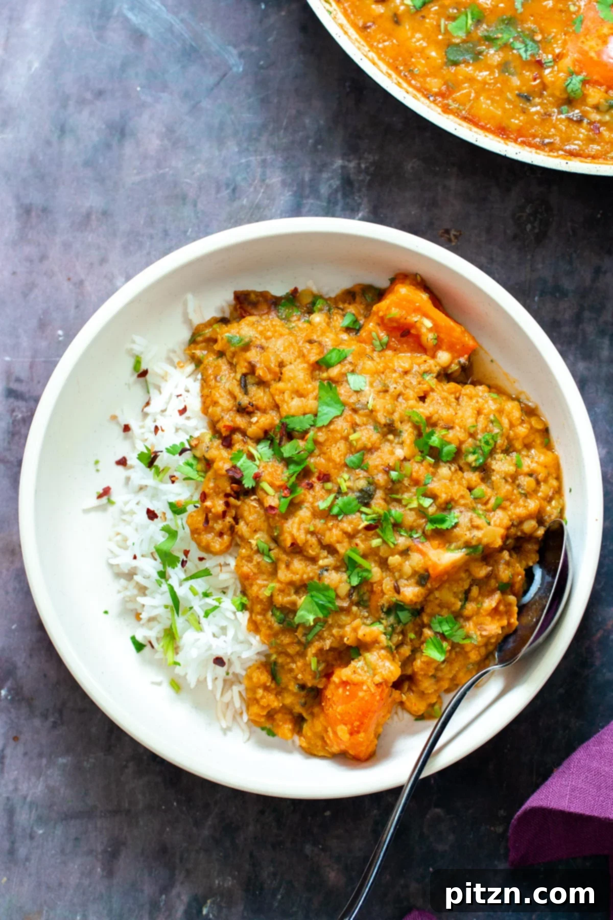 Creamy Plant-Based Dhaba Dal 4 Vegan butter dal served with fluffy rice, topped with fresh cilantro, ready to be enjoyed