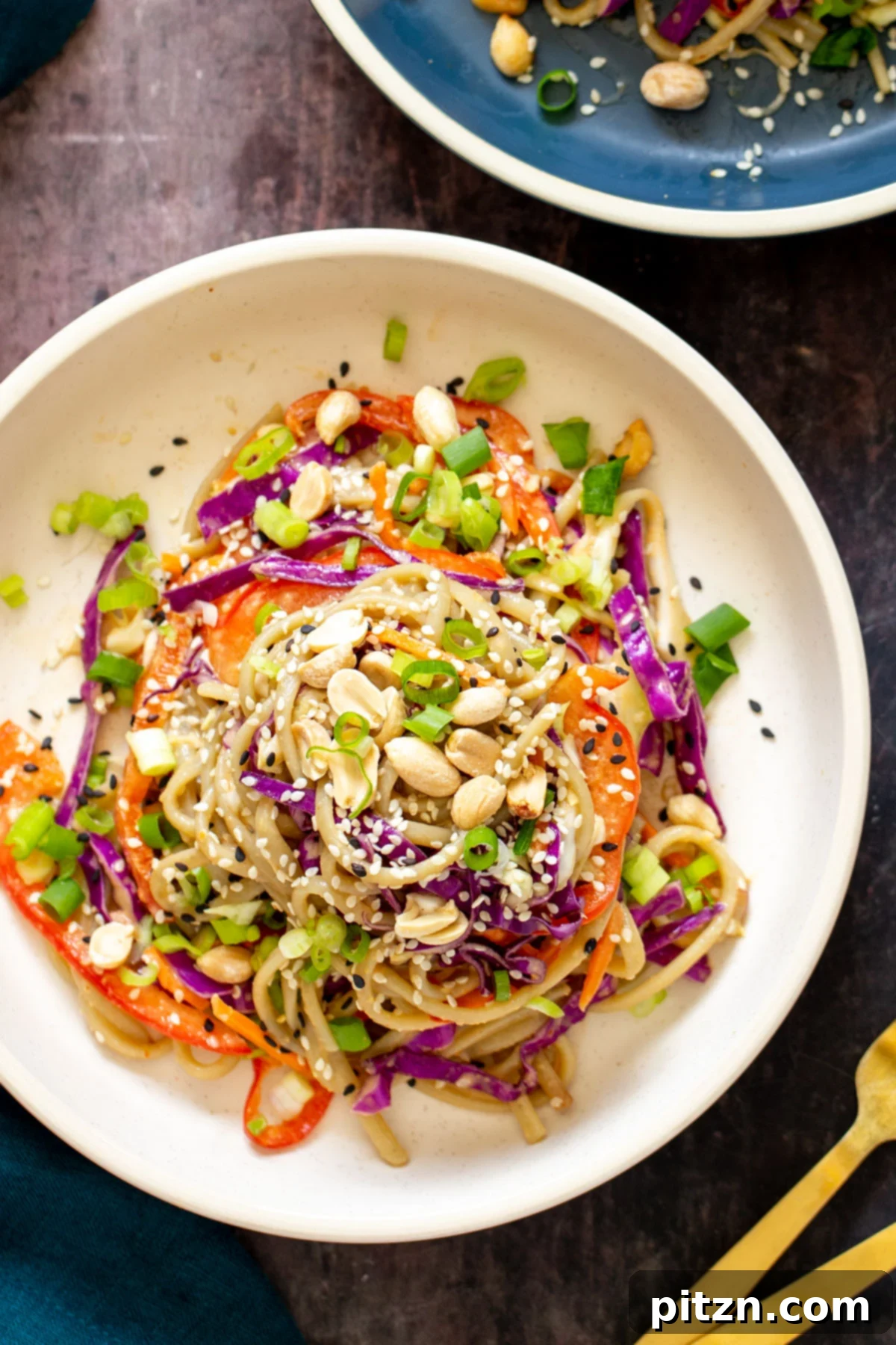 un plato con sesame noodle salad with peanut dressing, garnished with fresh herbs