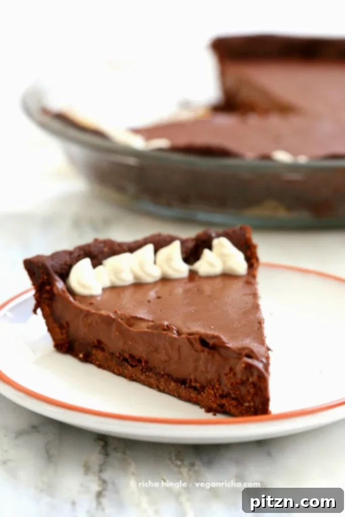 Delicious slice of Vegan Chocolate Silk Pie, emphasizing its rich texture and perfect crust. Ideal for #vegan and #glutenfree diets. Photo by VeganRicha.com