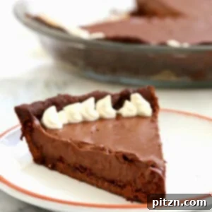 A perfectly prepared Dark Chocolate Silk Pie with its rich, glossy filling and almond crust.
