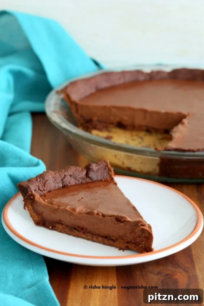 Beautifully presented Vegan Chocolate Silk Pie, a perfect dessert for any occasion. Gluten-free, soy-free. By VeganRicha.com