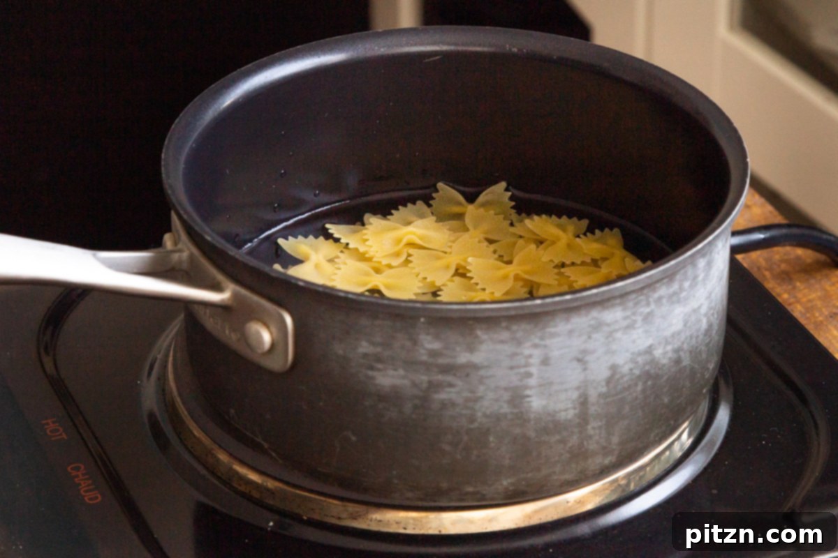 Fusion Tikka Pasta Salad 8 Farfalle pasta in a small pot