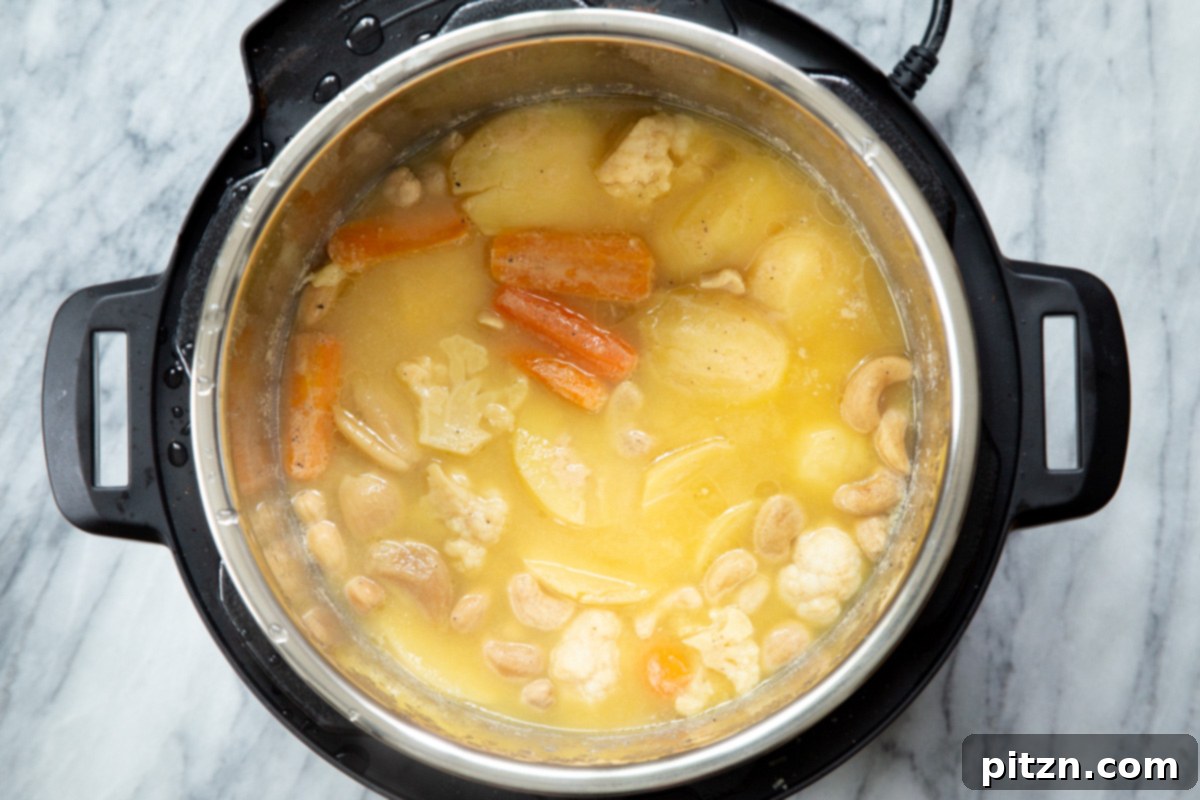 Cooked vegetables and cashews resting in an Instant Pot after pressure cooking, ready for the next step in making vegan cheese sauce.