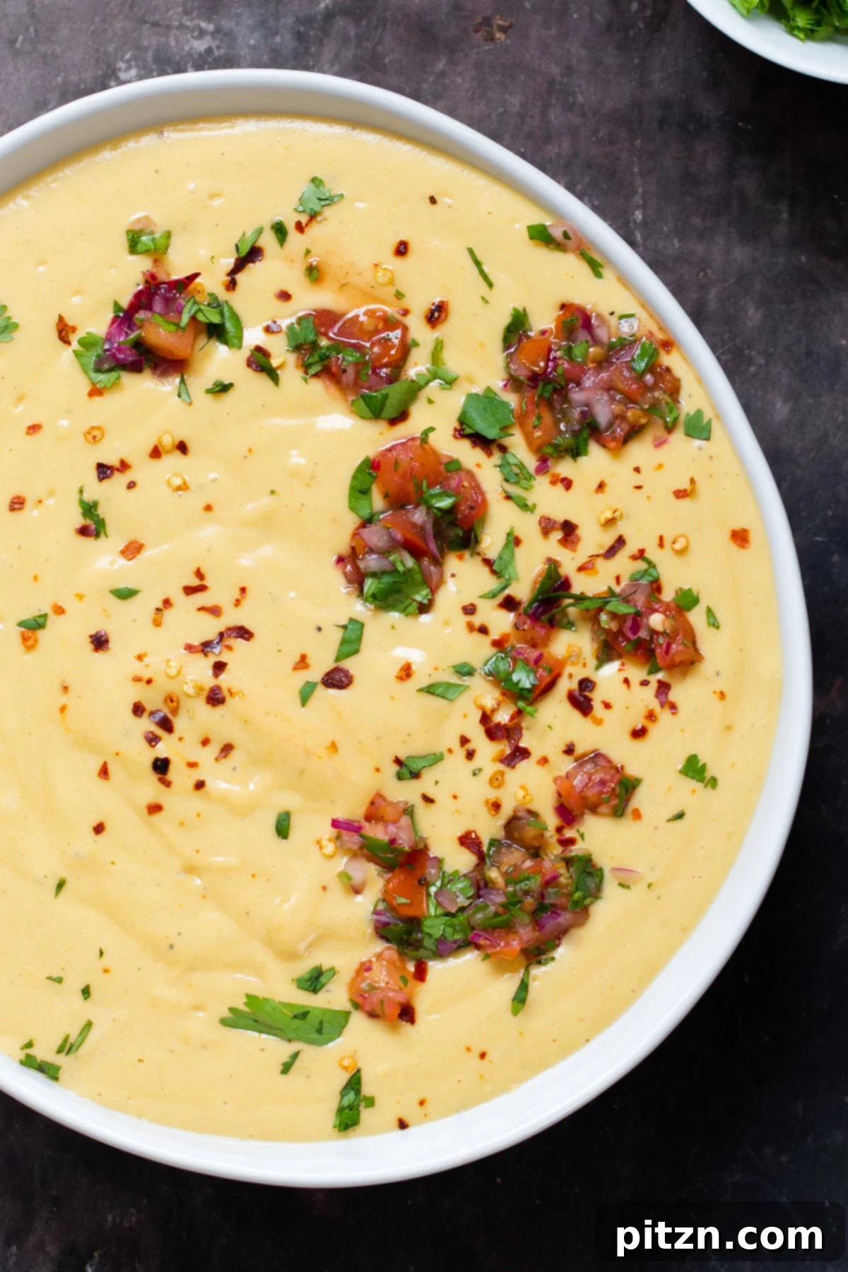 Overhead shot of a bowl of vegan cheese sauce, artfully garnished with chopped herbs and diced tomatoes.