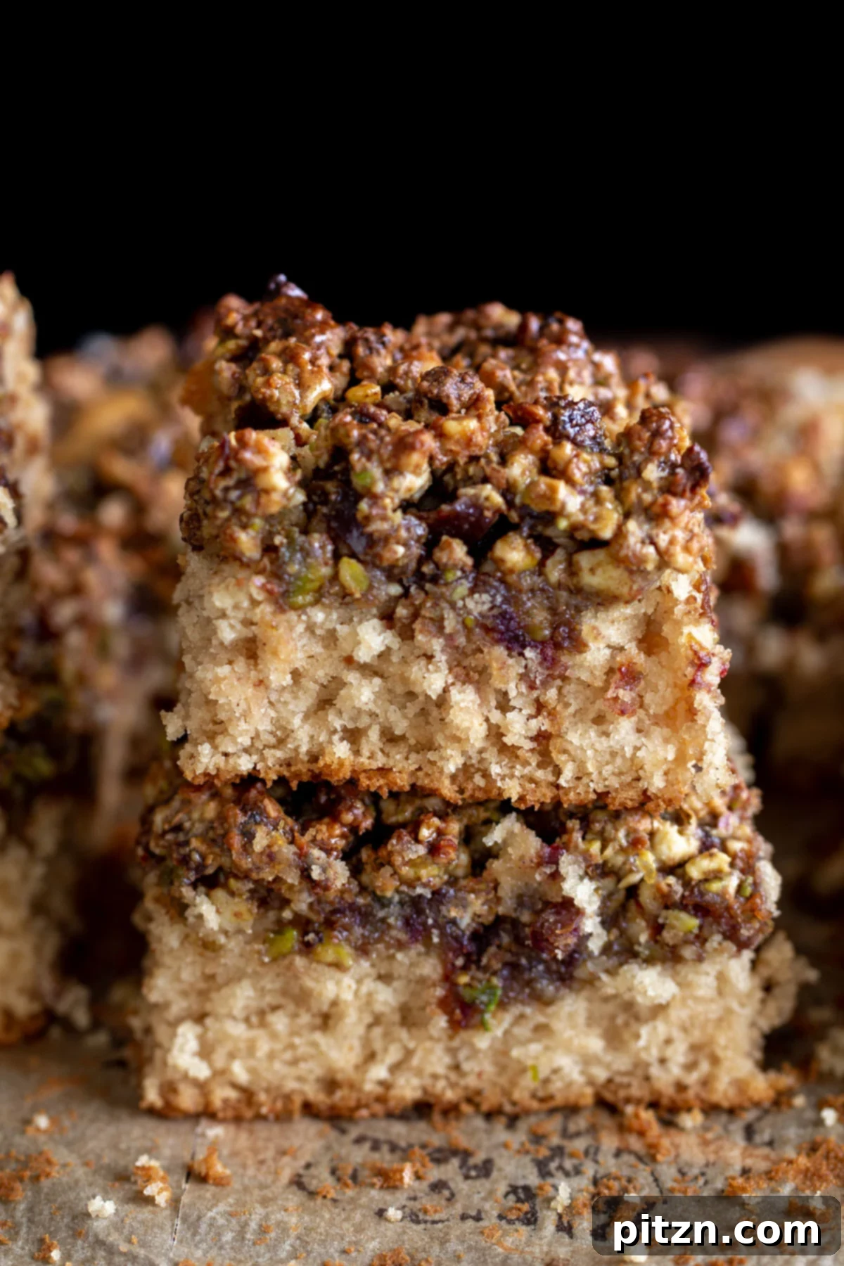 Two stacked squares of vegan baklava cake, showcasing its moist texture and nutty topping.