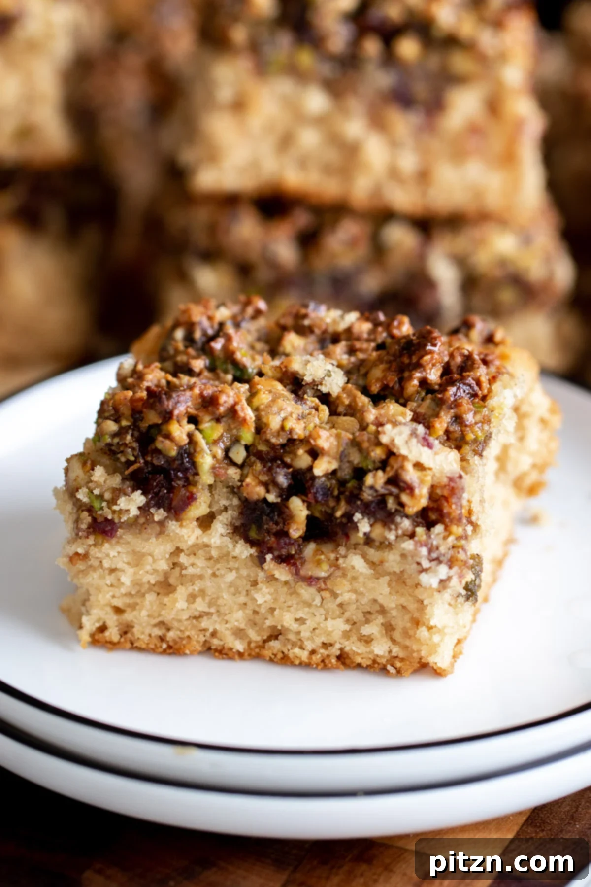 A close-up slice of vegan baklava cake on a pristine white plate, showcasing the distinct layers.