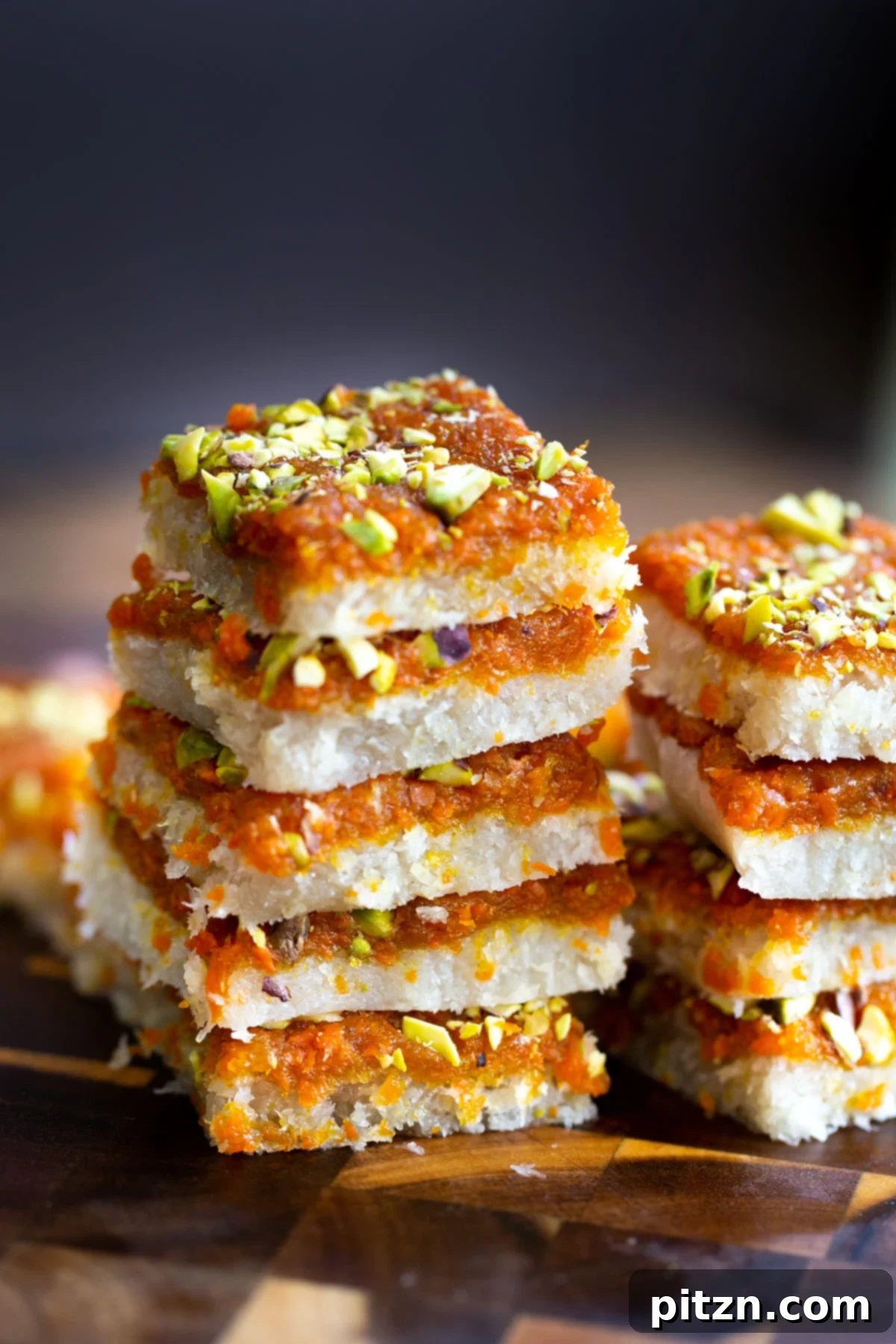 Layered Vegan Carrot Halwa Coconut Burfi 23 stacked carrot halwa coconut burfi bars on a wooden board