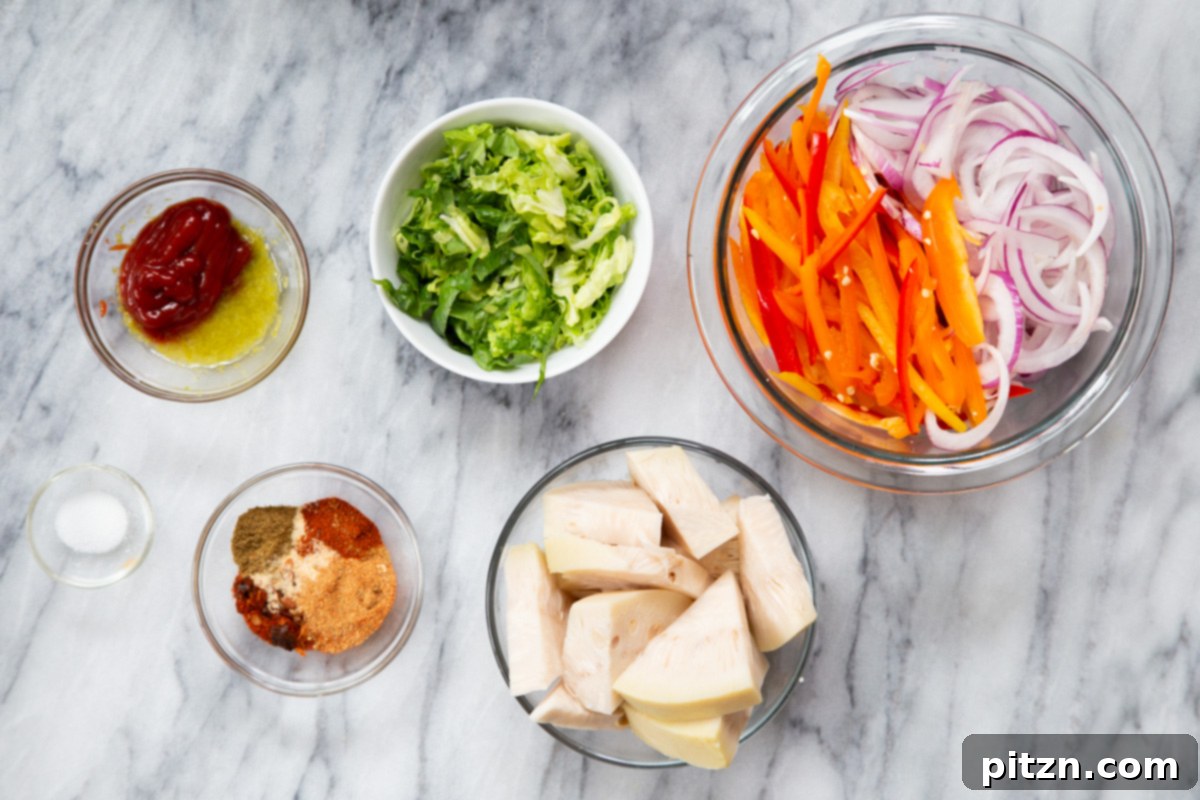 Quick & Easy Vegan Jackfruit Tacos 6 ingredients for vegan jackfruit tacos on a marble countertop