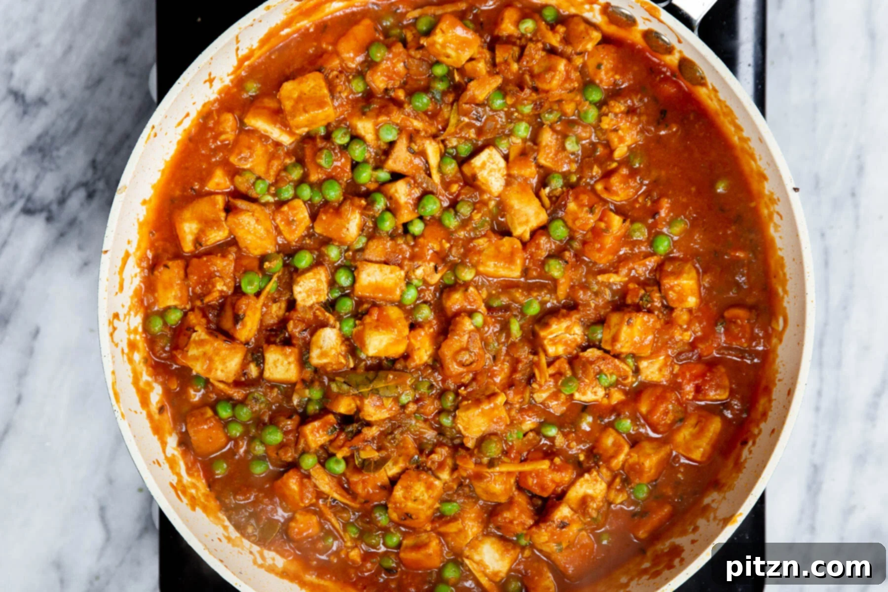 Vegan Tofu Matar 23 Indian tofu curry in a sauteein pan