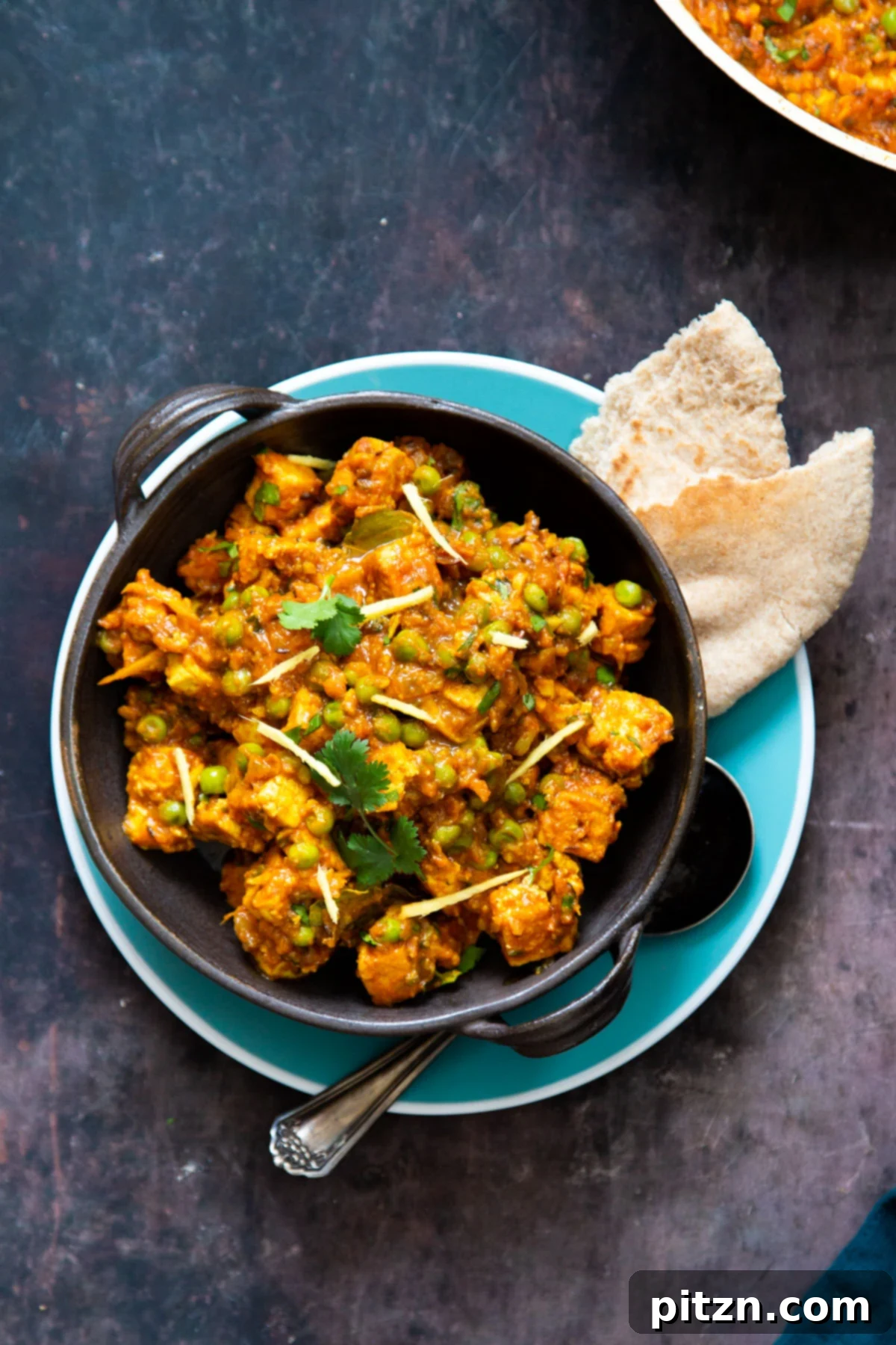 Vegan Tofu Matar 4 vegan matar tofu with peas served with a side of flatbread