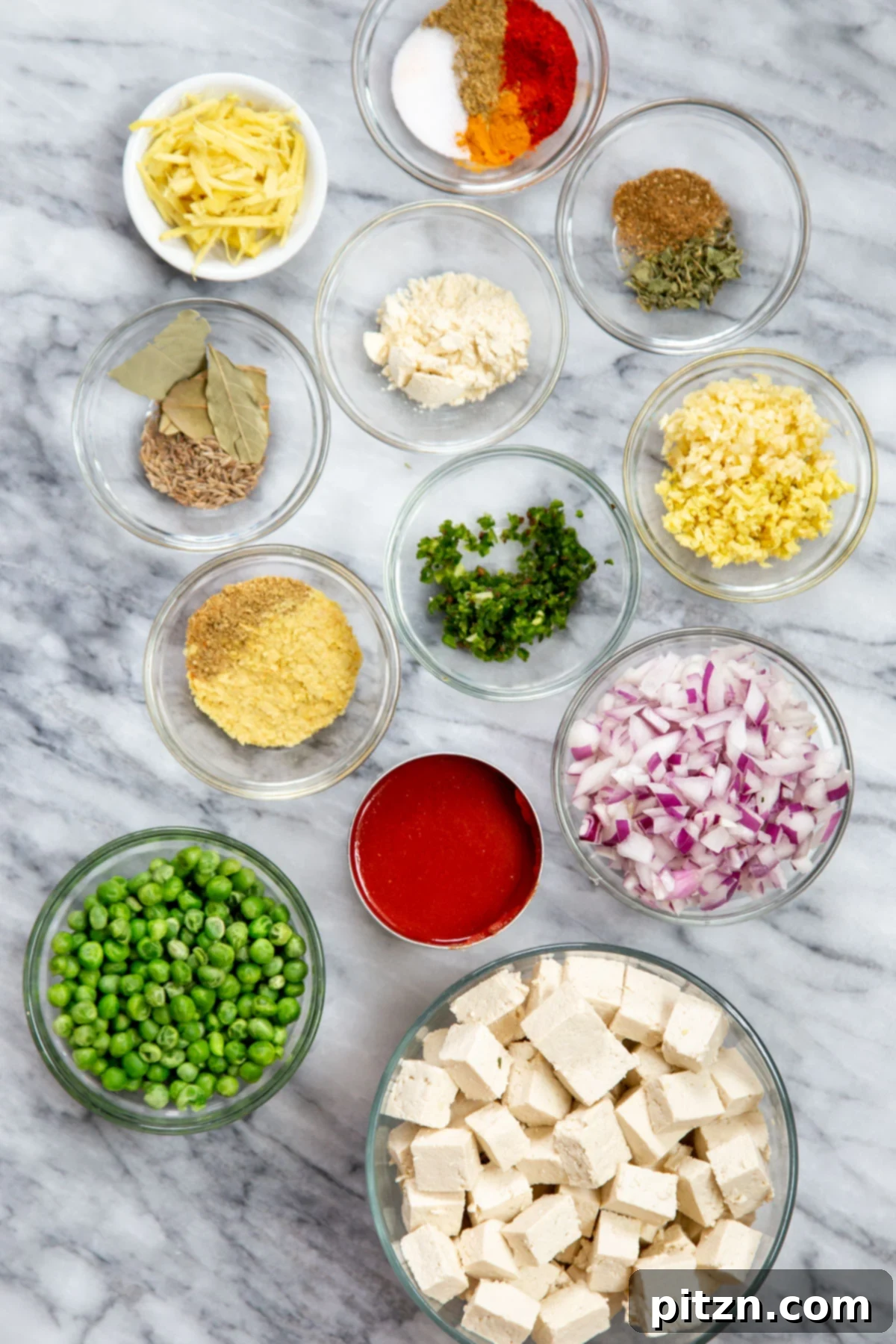 Vegan Tofu Matar 6 ingredients for making matar tofu on a marble countertop
