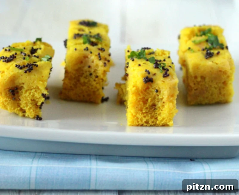 A plate of freshly cut Khaman Dhokla, garnished and ready to eat