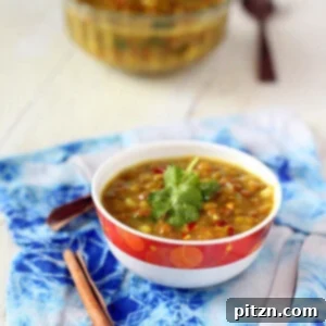Comforting Whole Red Lentil & Mung Bean Daal Soup, Infused with Shallots and Tomatoes. Vegan and Gluten-Free. 2 Mung bean daal soup served in a white and red bowl