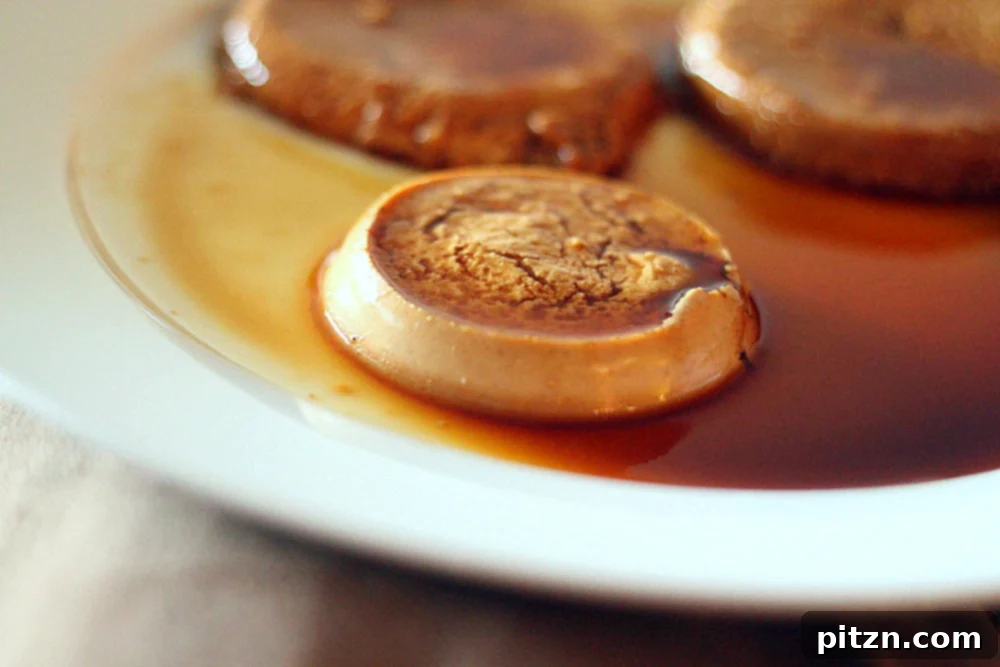 Close-up of a vegan caramel flan with a rich, dark caramel layer and smooth texture.