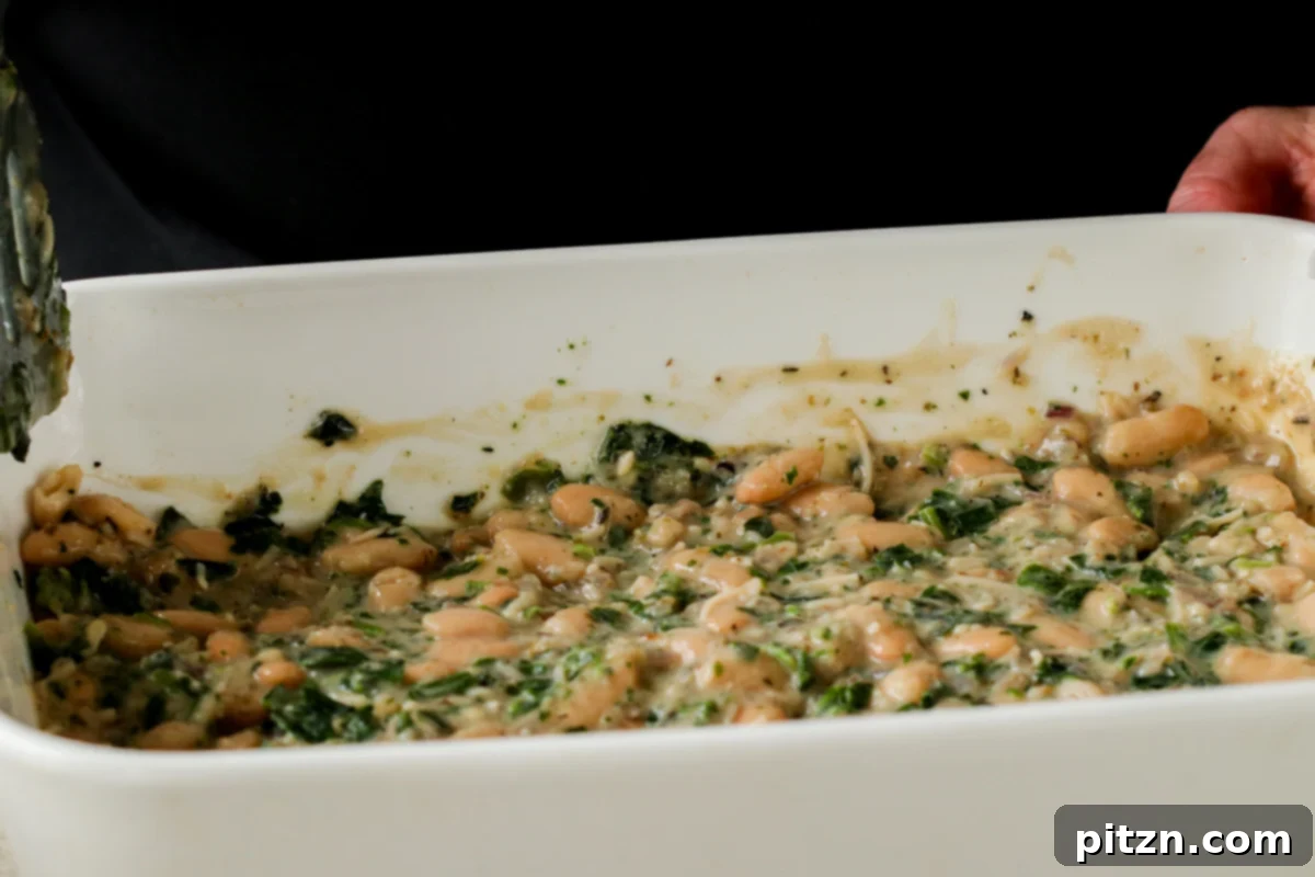 Comforting Delicata Squash and White Bean Casserole 18 white beans and spinach mixed with white sauce in the casserole dish