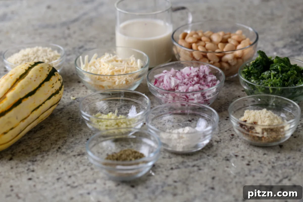 Comforting Delicata Squash and White Bean Casserole 7 delicata squash, beans, vegan cheese, and other casserole ingredients on the kitchen counter