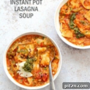 A bowl of Instant Pot Lasagna Soup, brimming with lasagna noodles, vibrant vegetables, red lentils, and fresh basil.