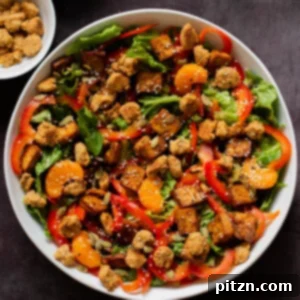 A colorful vegan summer salad in a bowl, featuring smoky tofu, crispy croutons, fresh vegetables, and juicy orange segments.