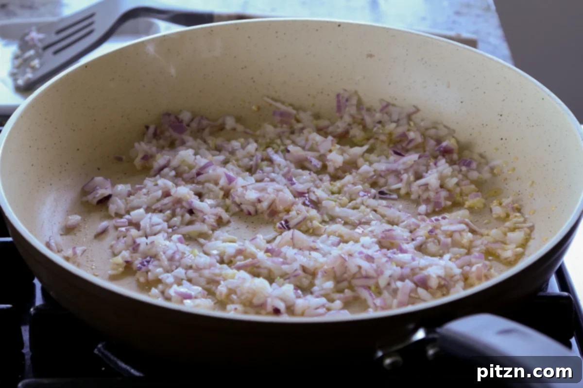 Vegan Marry Me Chicken Pasta 14 Translucent, softened onions after cooking in the skillet