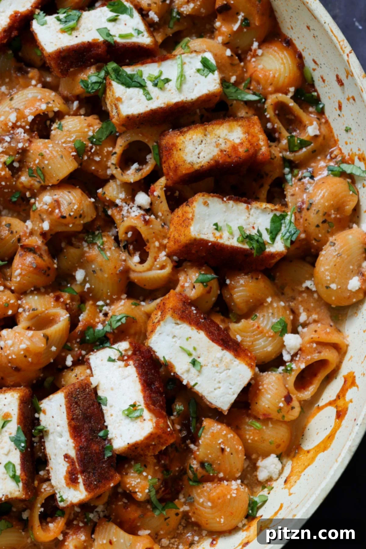 Vegan Marry Me Chicken Pasta 3 Close-up of a skillet filled with rich vegan marry me pasta sauce