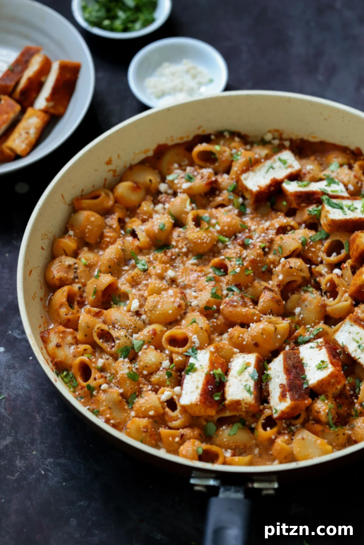 Vegan Marry Me Chicken Pasta 5 Pan of vegan marry me chicken (tofu) ready to be served