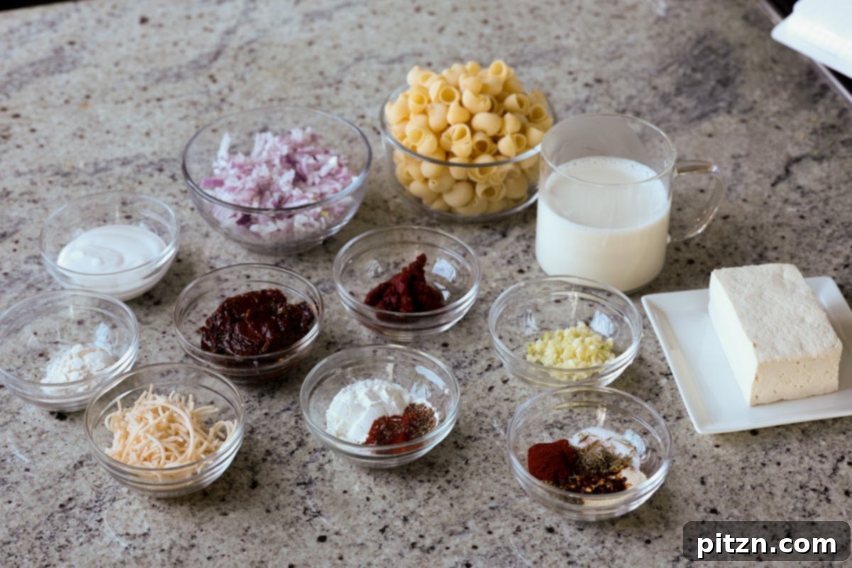 Vegan Marry Me Chicken Pasta 7 Bowls of marry me pasta ingredients on a kitchen counter
