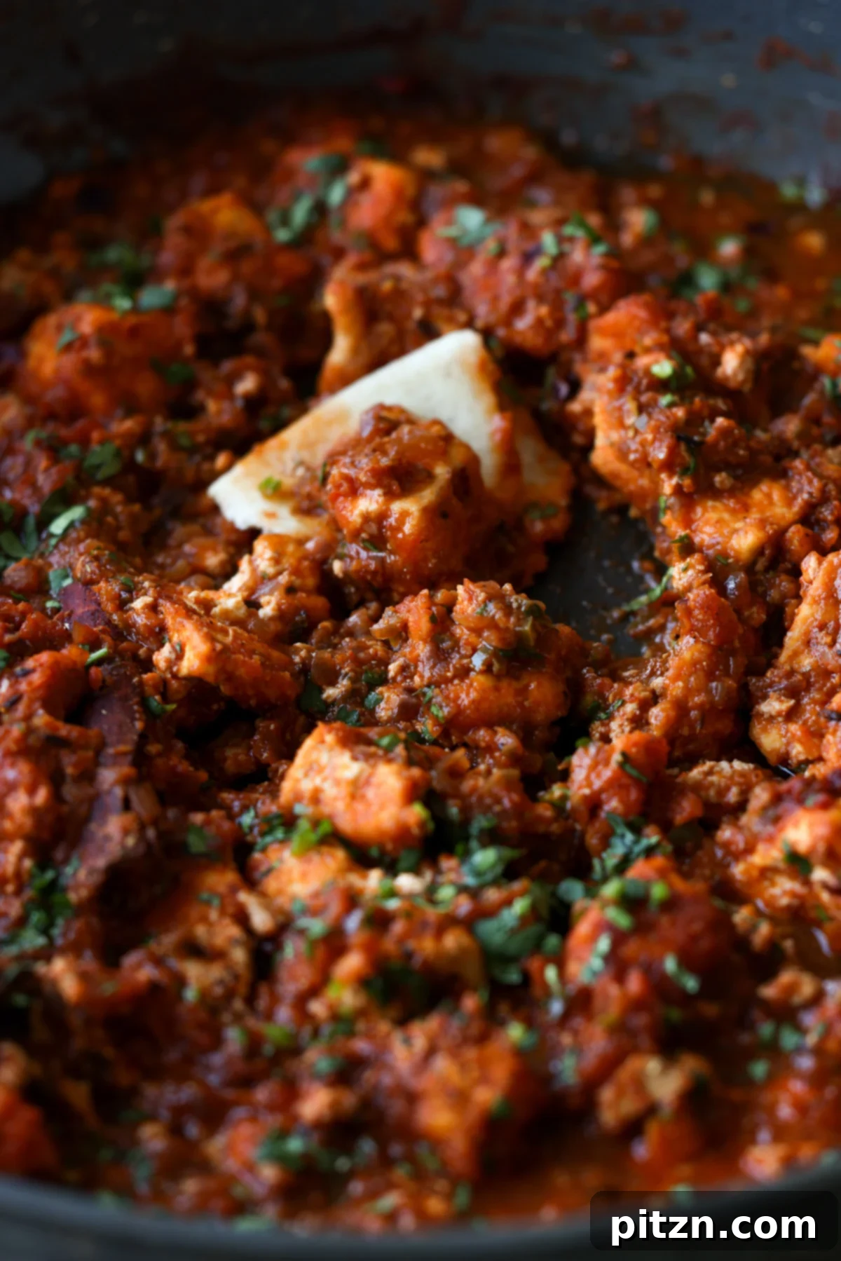North Indian Smoky Rara Chicken Curry 3 close-up of rara chicken curry in the pan with a piece of flatbread