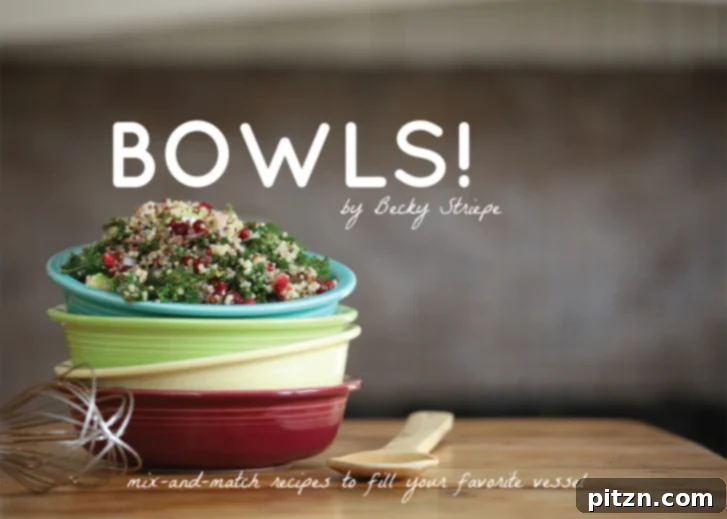 Cover of Becky Striepe's 'Bowls' e-book, featuring a vibrant, healthy meal composition.
