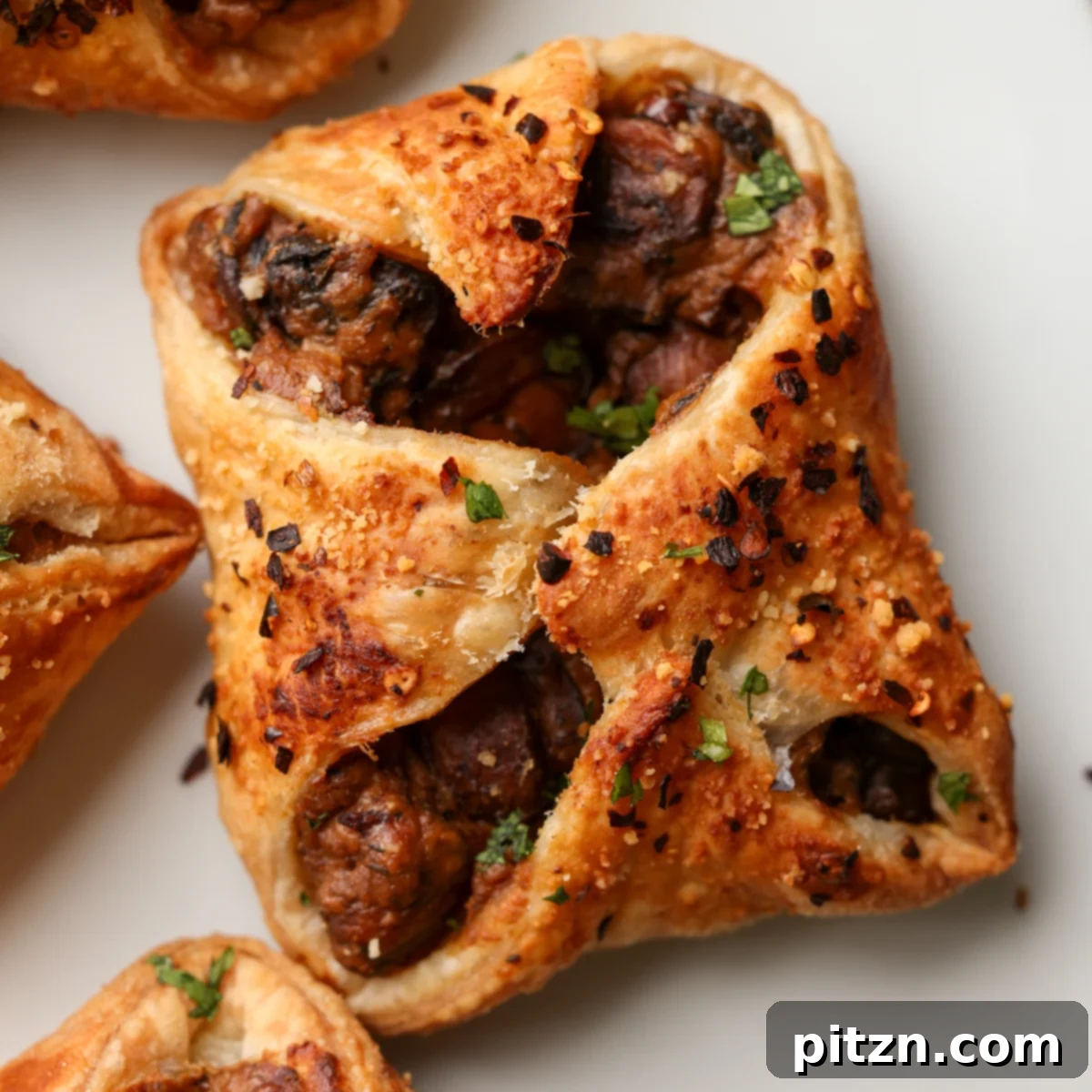 A beautifully arranged serving of freshly baked creamy mushroom puffs on a white plate, showcasing their golden crust and inviting texture.