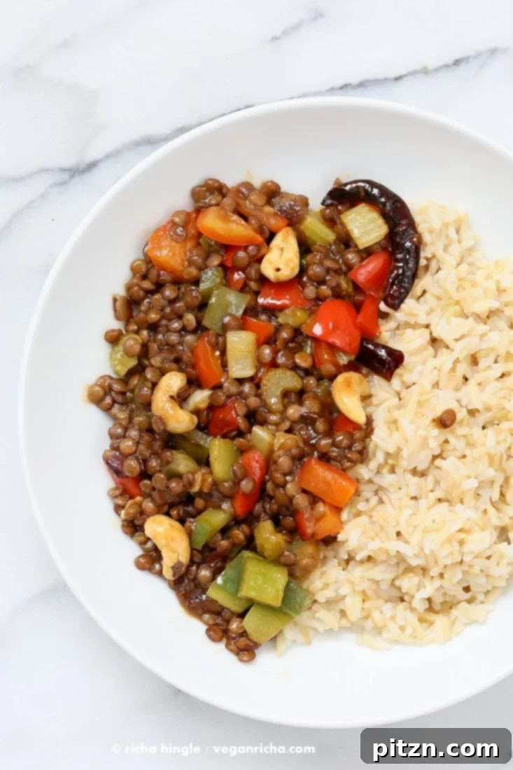Spicy Kung Pao Lentils with a delicious kung pao sauce, veggies and cooked lentils. Easy 30 minute weeknight dinner |Vegan Richa