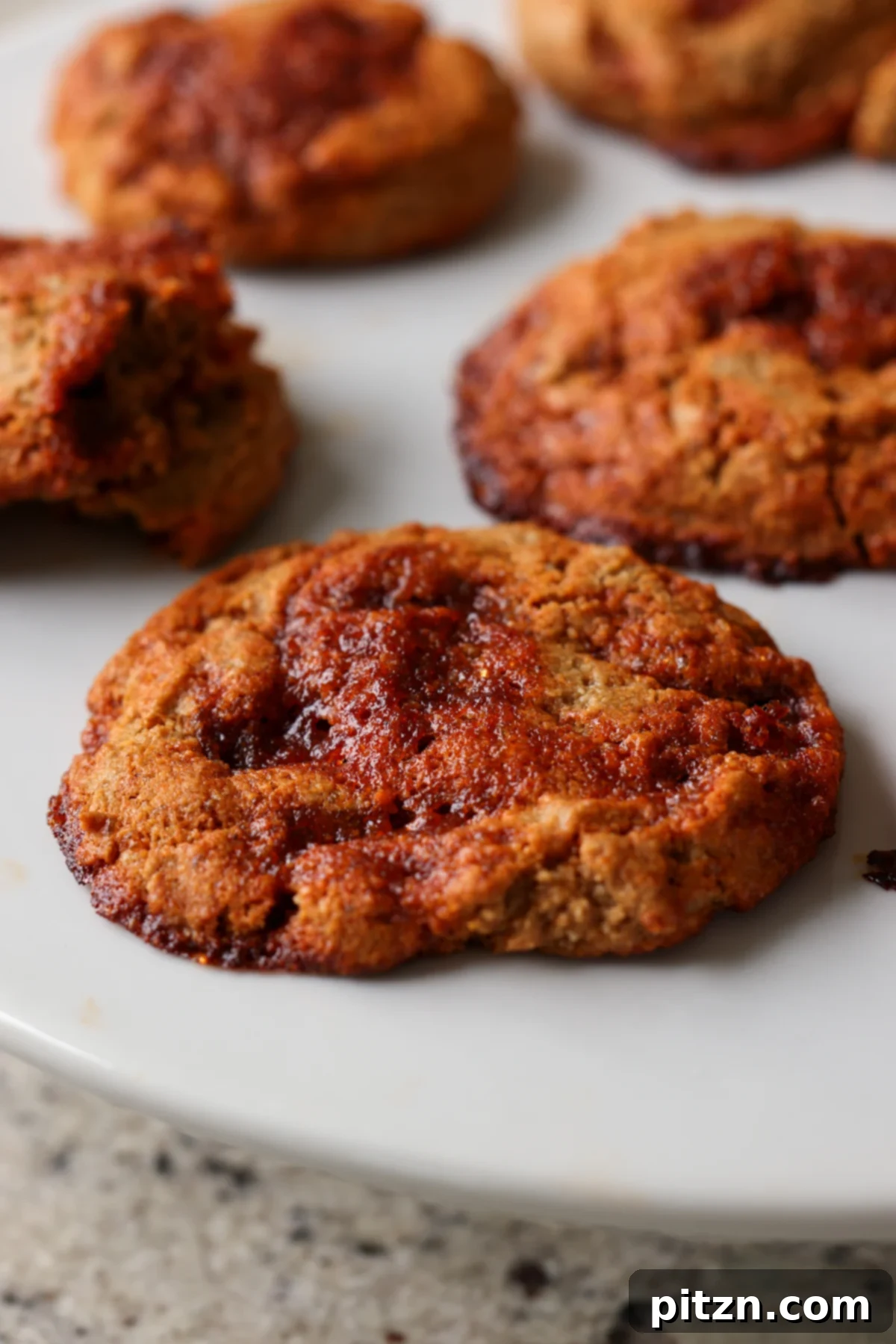Allergy Friendly Gochujang Caramel Cookies 2 close-up of gochujang caramel cookies on the baking sheet, highlighting their chewy texture and caramelized swirls