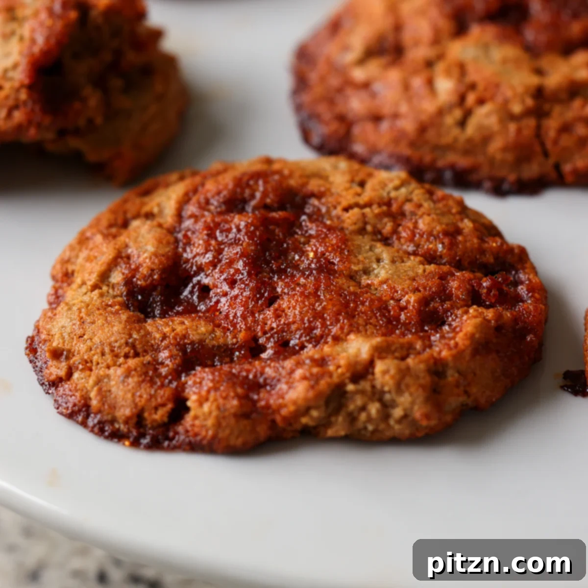 Allergy Friendly Gochujang Caramel Cookies 15 close-up of freshly baked gochujang caramel cookies on the baking sheet, showcasing the perfect texture