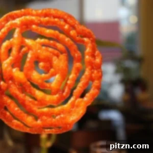 A perfectly fried and syrupy Vegan Jalebi being held.
