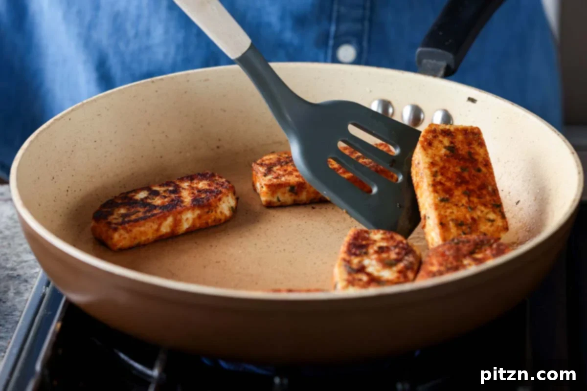 Golden Paprika Tofu with Creamy Garlic Parmesan Orzo 13 Golden-brown, crispy tofu cooking in the pan, achieving perfect texture.