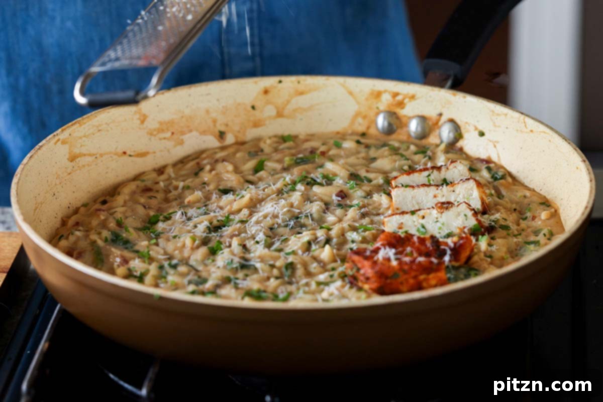 Golden Paprika Tofu with Creamy Garlic Parmesan Orzo 28 The finished dish: garlic parmesan orzo in the pan with crispy tofu, ready to be served.