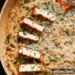 Close-up of garlic parmesan orzo in the pan with the crispy tofu
