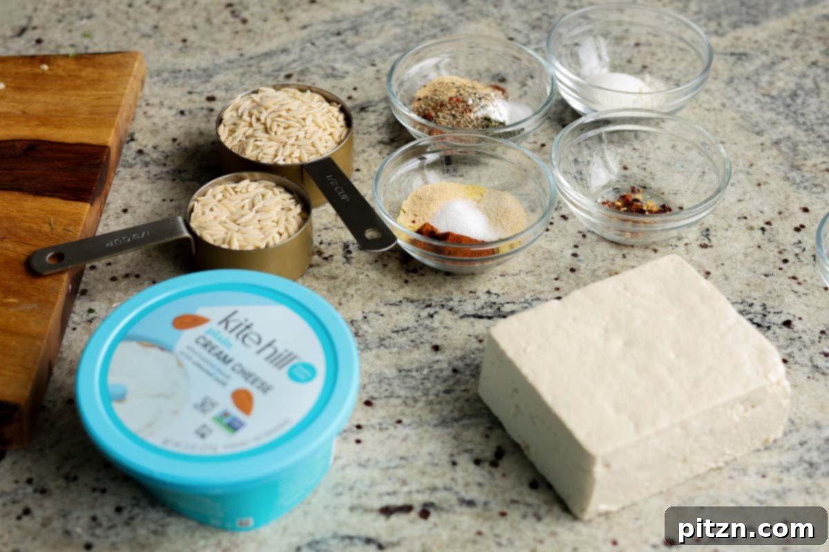 Golden Paprika Tofu with Creamy Garlic Parmesan Orzo 7 Collection of ingredients for garlic parmesan orzo with crispy paprika tofu