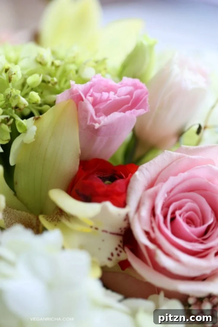 A beautiful bouquet of red and pink roses, symbolizing love and romance for Valentine's Day. Ideal vegan gift idea.
