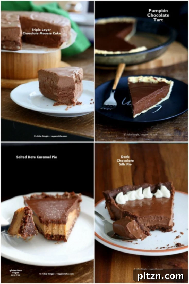 A collection of rich vegan chocolate desserts, including cakes and pies, perfect for a romantic Valentine's Day.
